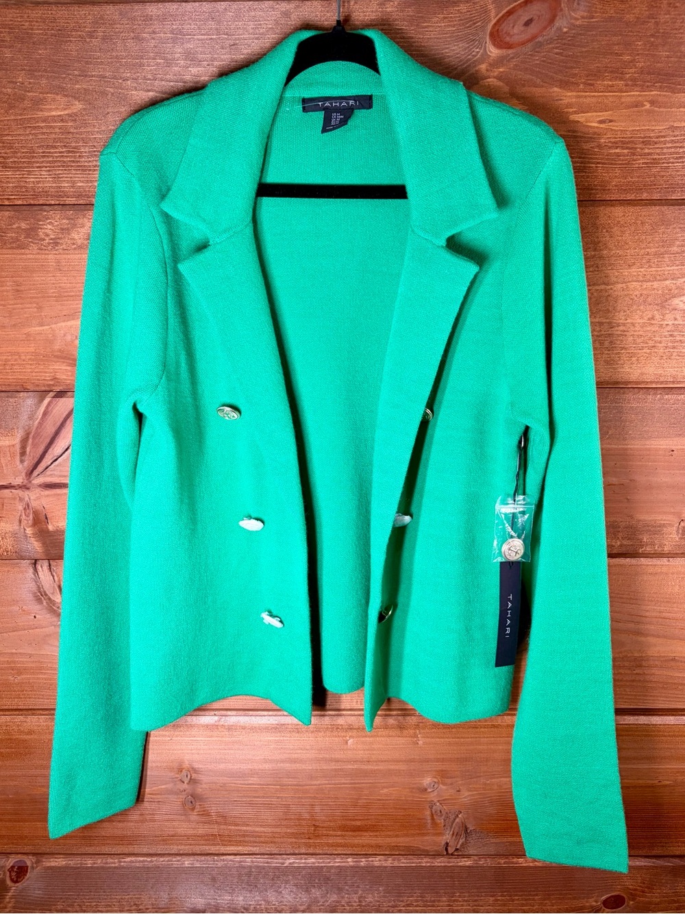 Tahari Emerald Green Double-Breasted Knit Blazer with Gold Buttons Size Medium 💚